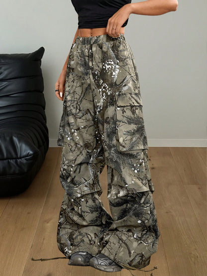 Women's Fall Cargo Grunge Floral Wide Leg Pants – Loose Fit Casual Streetwear Essential