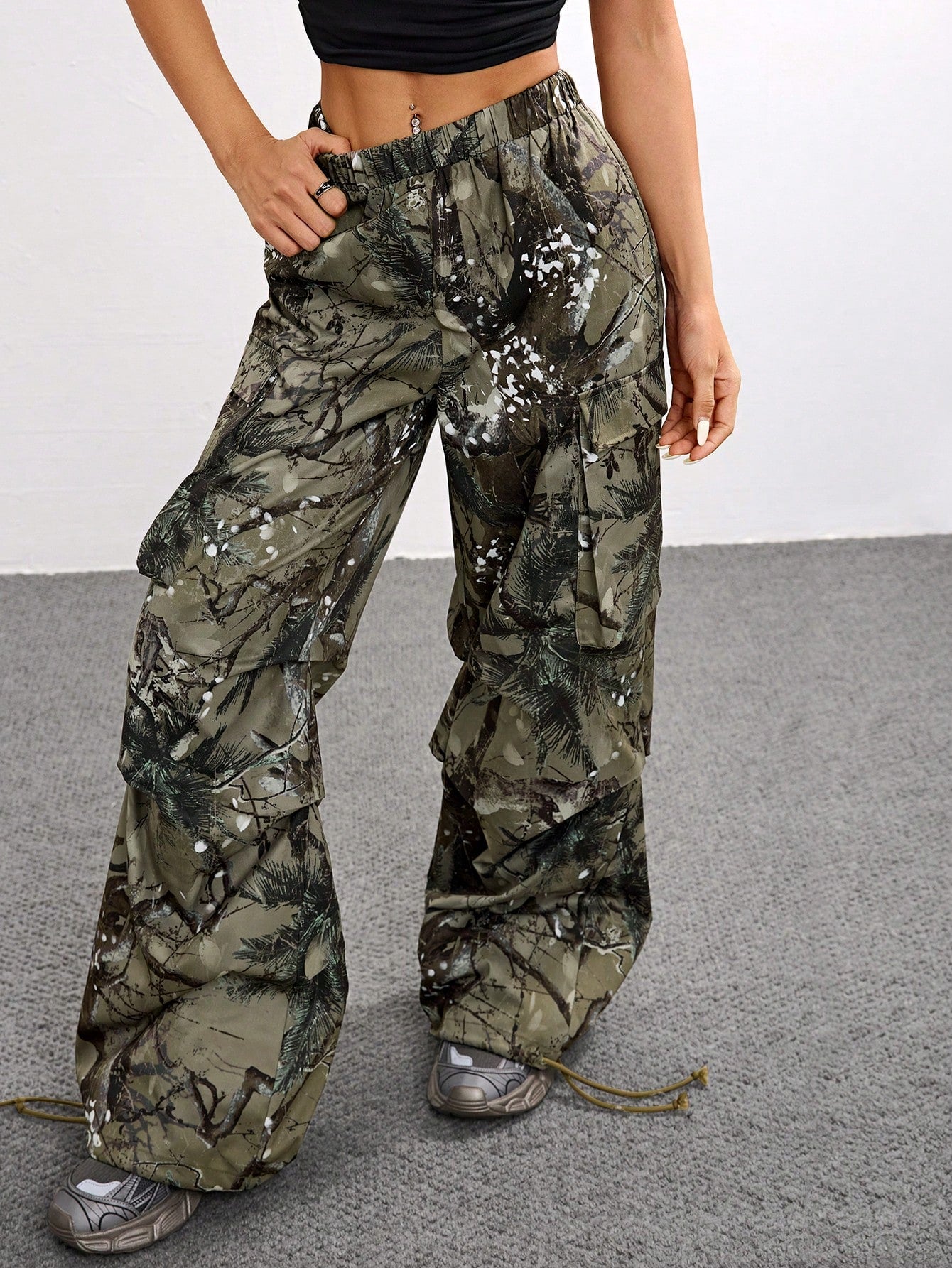 Women's Fall Cargo Grunge Floral Wide Leg Pants – Loose Fit Casual Streetwear Essential