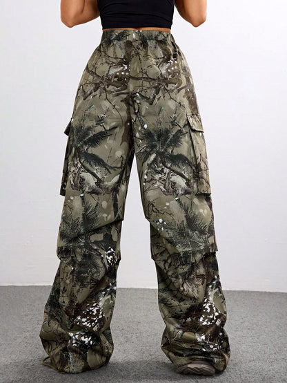Women's Fall Cargo Grunge Floral Wide Leg Pants – Loose Fit Casual Streetwear Essential