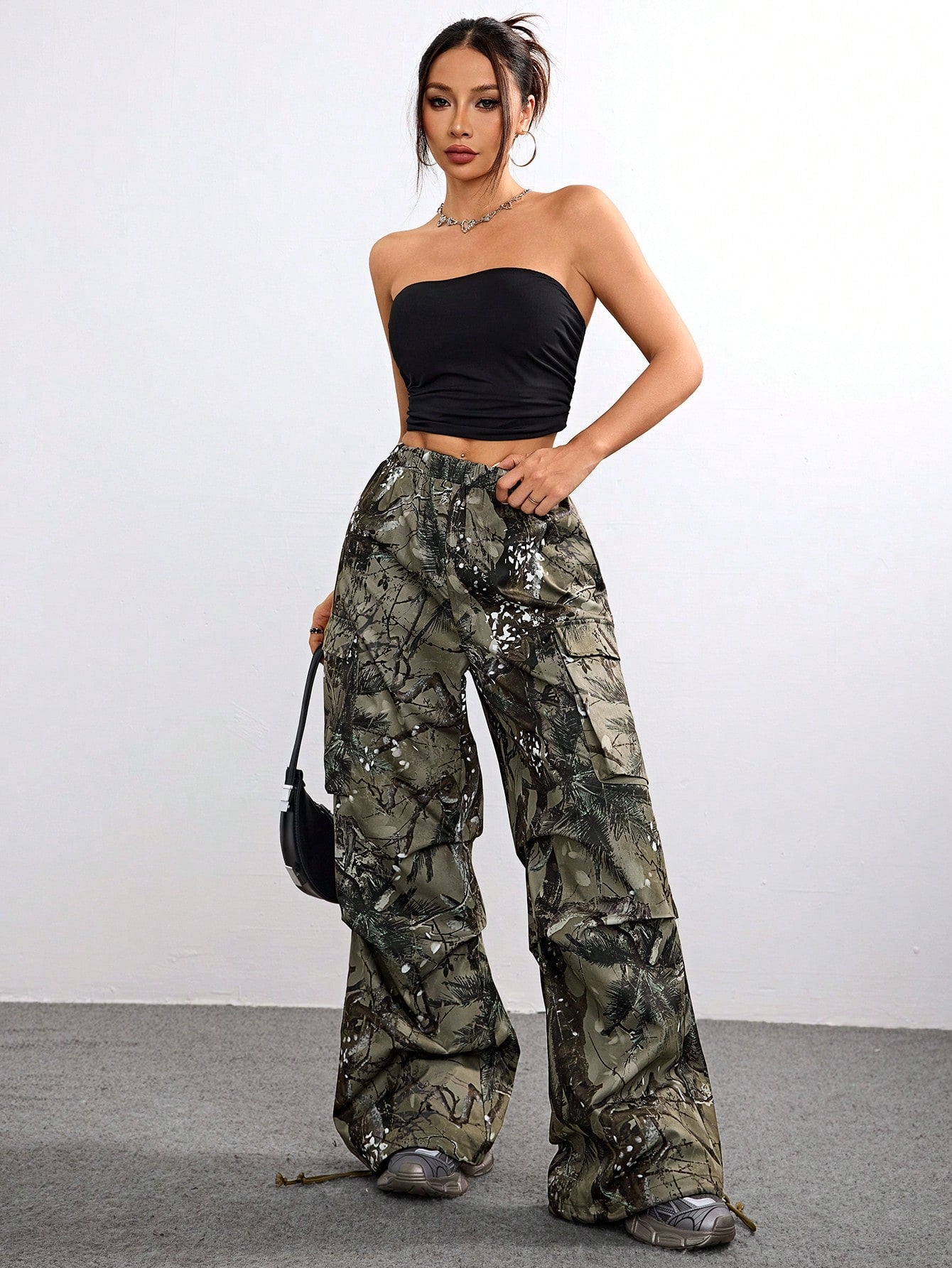 Women's Fall Cargo Grunge Floral Wide Leg Pants – Loose Fit Casual Streetwear Essential