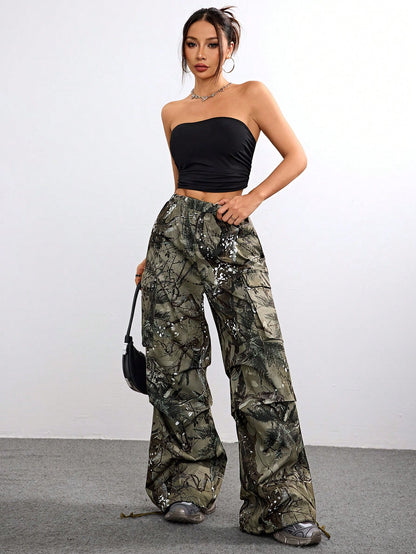 Women's Fall Cargo Grunge Floral Wide Leg Pants – Loose Fit Casual Streetwear Essential