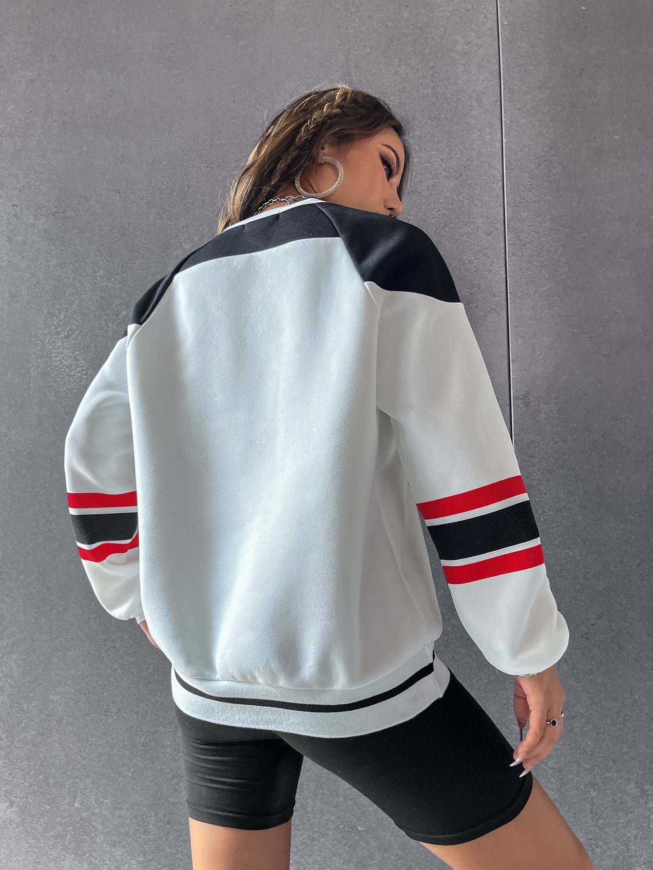 Letter Graphic Striped Trim Drop Shoulder Pullover Long Sleeve Tops Graduation