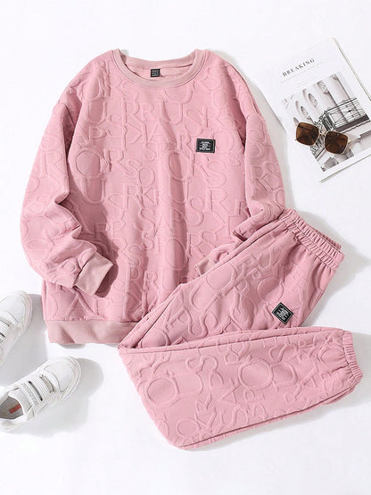 Letter Patched Coral Pink Sweatshirt & Sweatpants Set – Casual Women’s 2 Piece Outfit