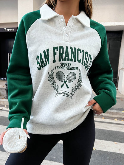 Letter Graphic Contrast Raglan Sleeve Polo Neck Sweatshirt