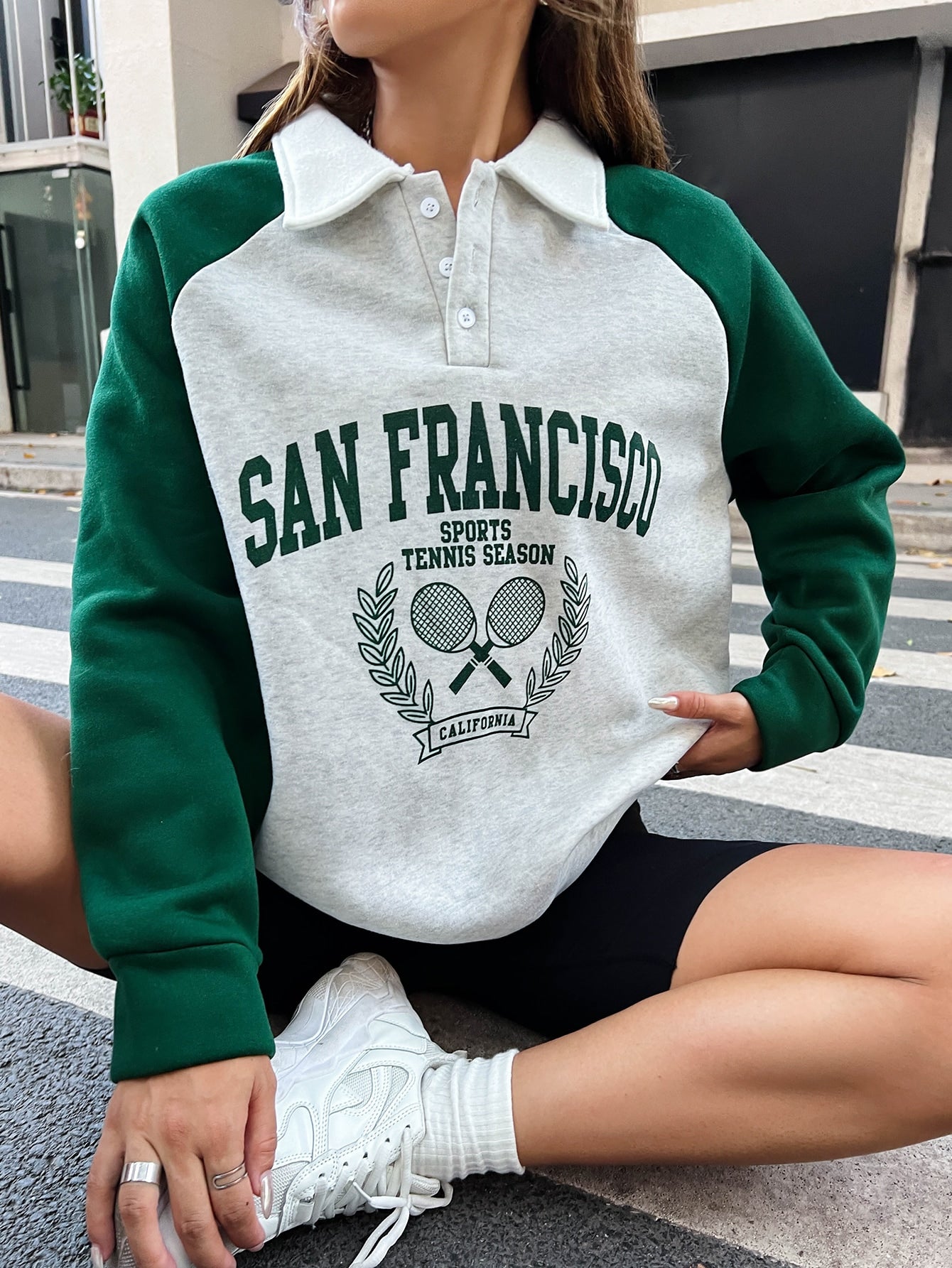 Letter Graphic Contrast Raglan Sleeve Polo Neck Sweatshirt