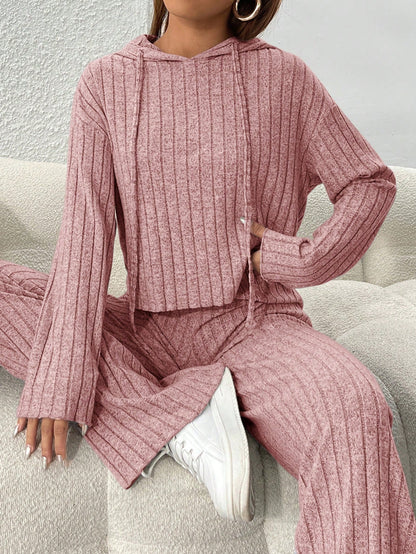 Solid Color Drop Shoulder Long Sleeve Hooded Top & Drawstring Pants for Autumn Women Casual Set