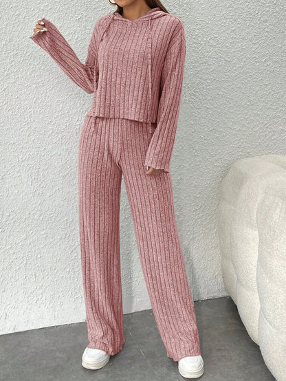 Solid Color Drop Shoulder Long Sleeve Hooded Top & Drawstring Pants for Autumn Women Casual Set