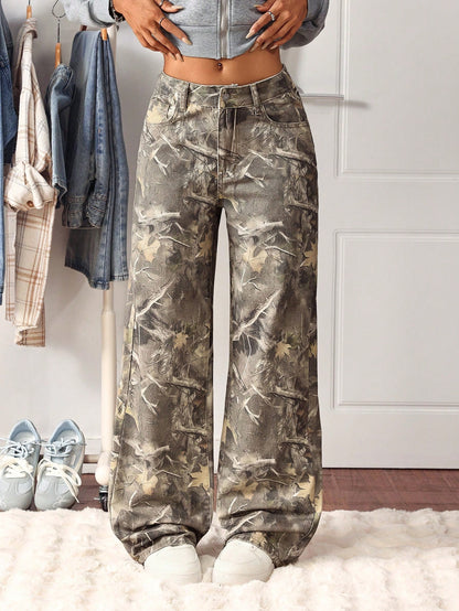 Tall Waist Maple Leaf Camouflage Print Washed Straight Leg Jeans