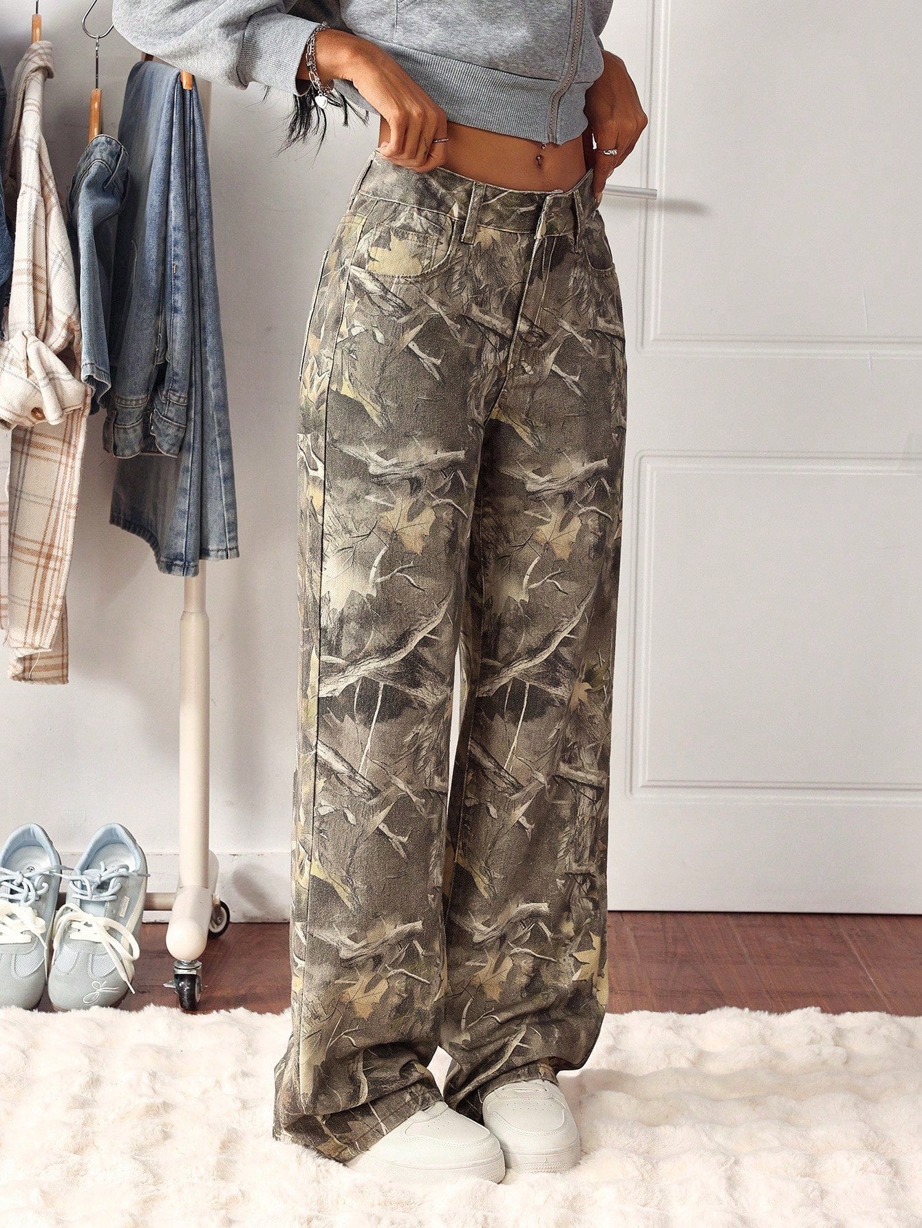 Tall Waist Maple Leaf Camouflage Print Washed Straight Leg Jeans