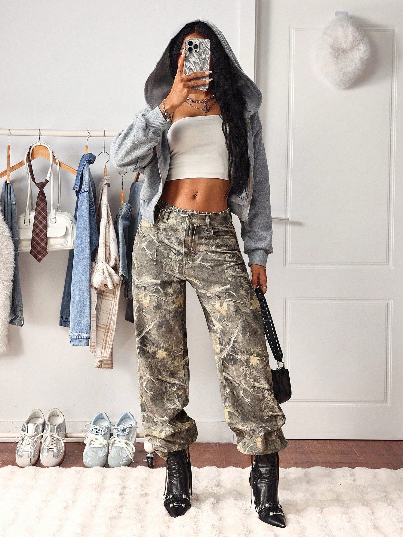 Tall Waist Maple Leaf Camouflage Print Washed Straight Leg Jeans