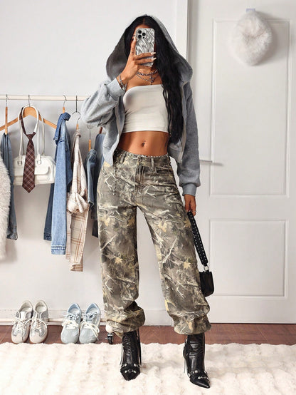 Tall Waist Maple Leaf Camouflage Print Washed Straight Leg Jeans