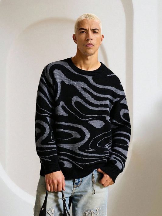 Men’s Marble Pattern Crew Neck Loose Fit Casual Sweater