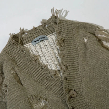 Y2K Ripped V-neck Knitted Cardigan Retro Edge Meets Modern Comfort