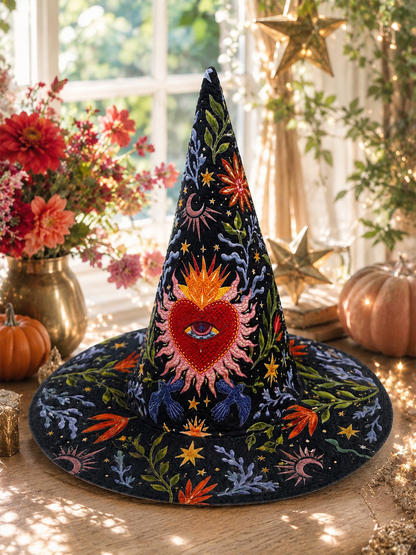 Sacred Flaming Heart & Celestial Eye Halloween Quilt Witch Hat
