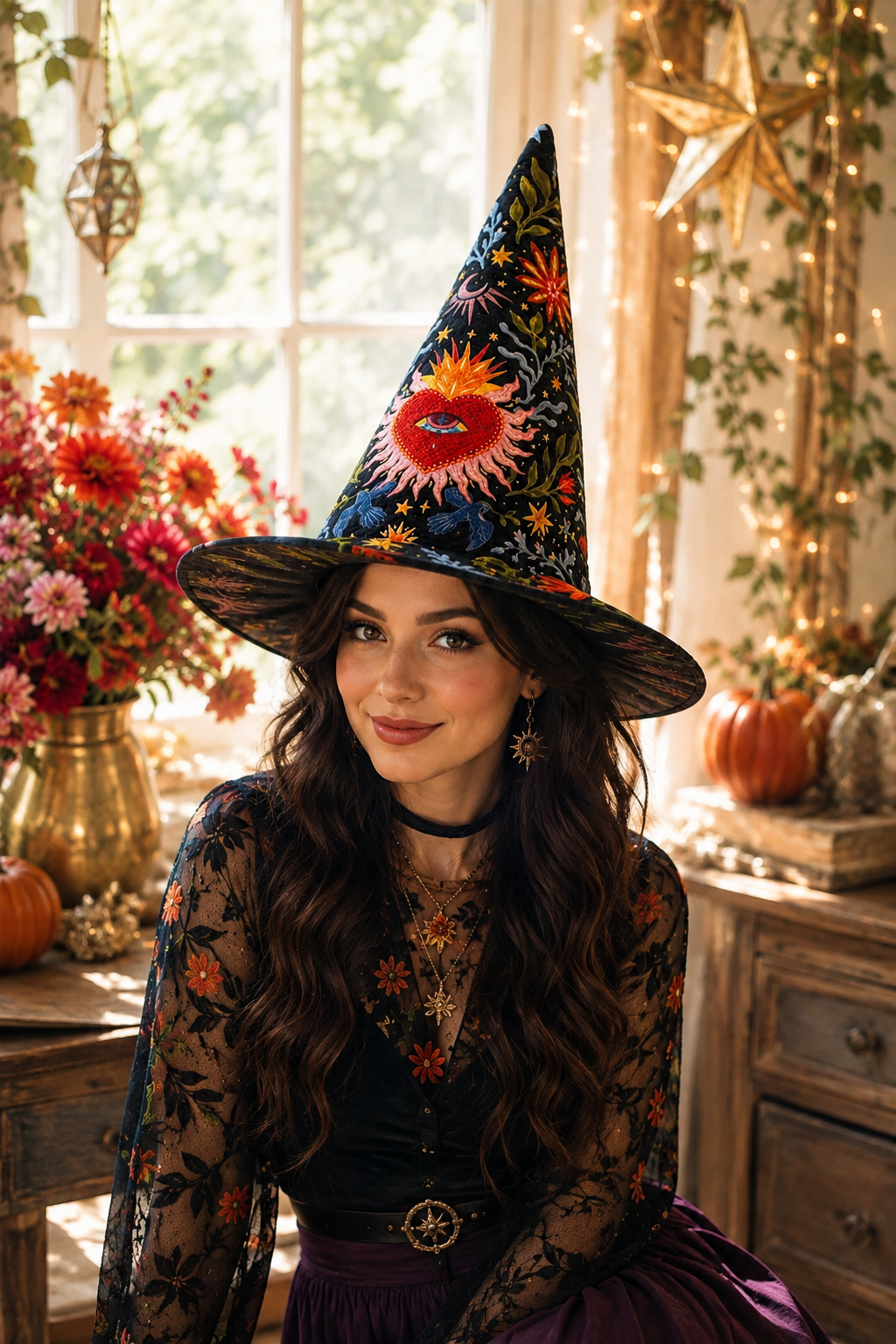 Sacred Flaming Heart & Celestial Eye Halloween Quilt Witch Hat