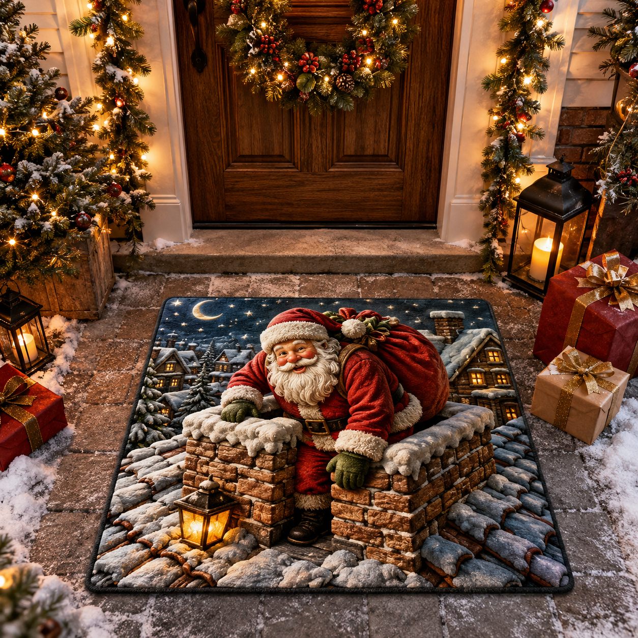 Santa Chimney Roof Holiday Decorative Welcome Christmas Gate Doormat