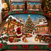Santa Claus Christmas Village Snowman Golden Retriever Bedding Set