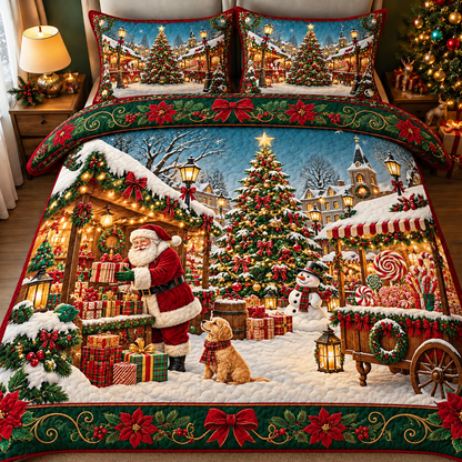 Santa Claus Christmas Village Snowman Golden Retriever Bedding Set