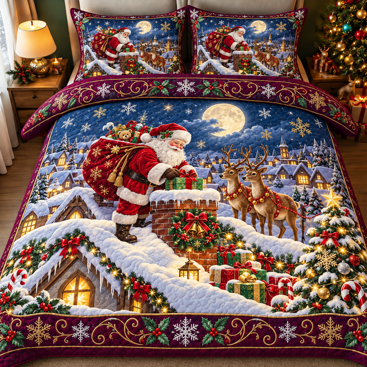 Santa Claus Reindeer Snowy Rooftop Christmas Bedding Set
