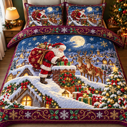 Santa Claus Reindeer Snowy Rooftop Christmas Bedding Set