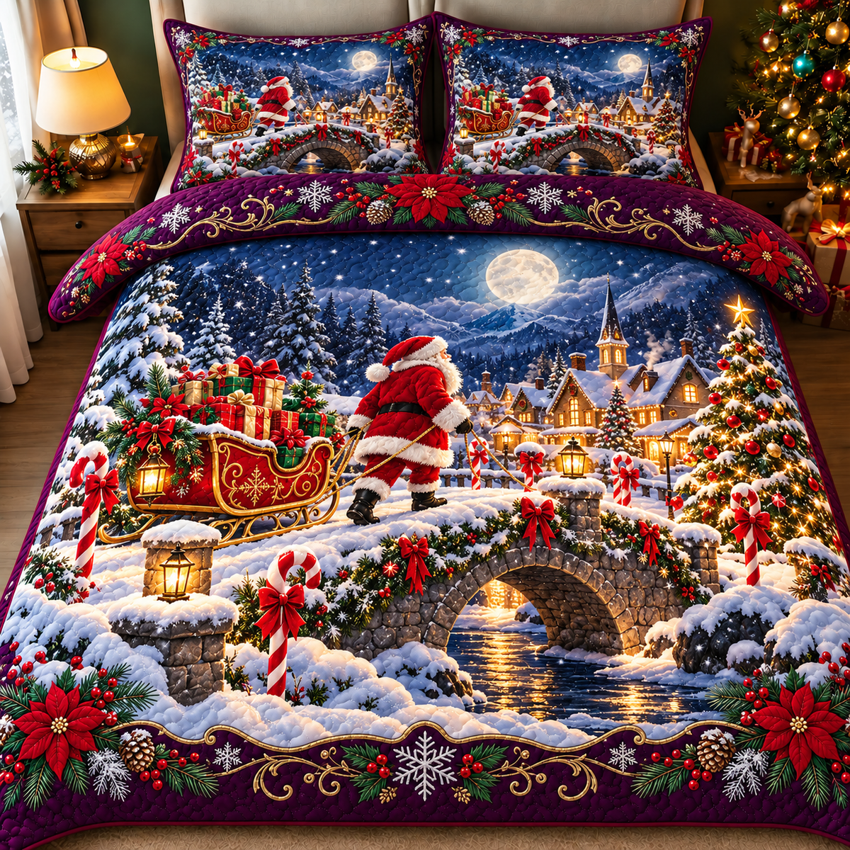 Santa Sleigh Christmas Bedding Set Winter Night Quilt Cover
