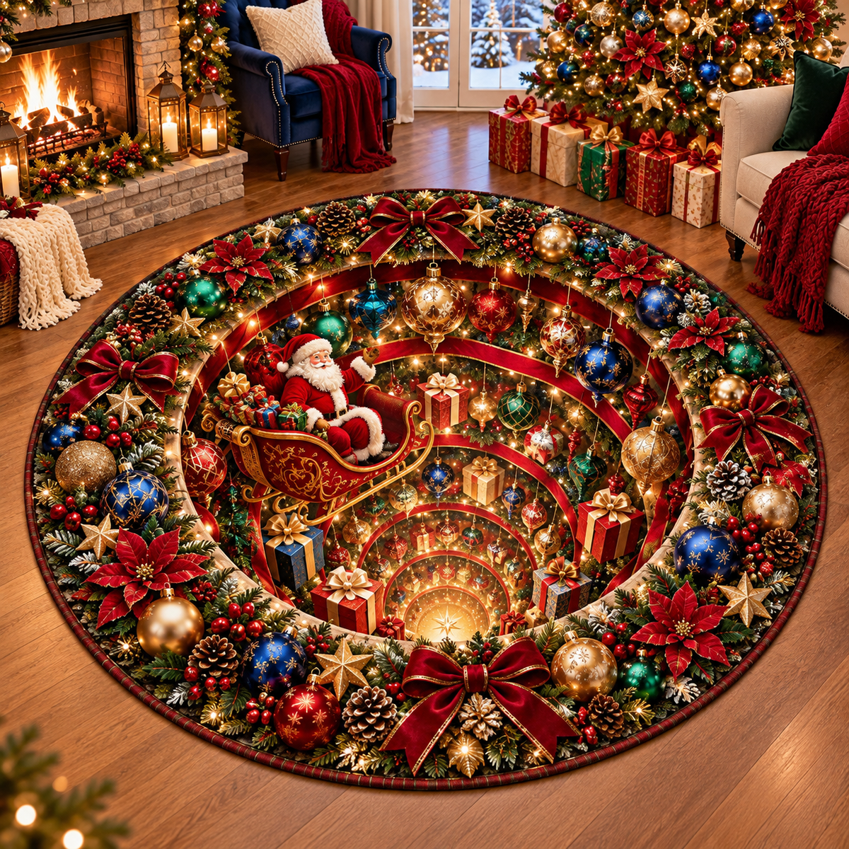 Santa Sleigh Glowing Ornament Christmas Quilted Round Rug Tunnel Decor