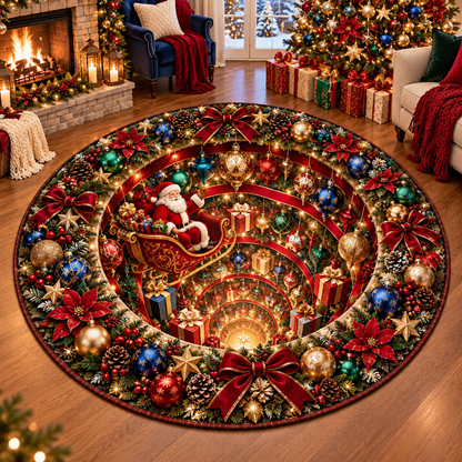 Santa Sleigh Glowing Ornament Christmas Quilted Round Rug Tunnel Decor