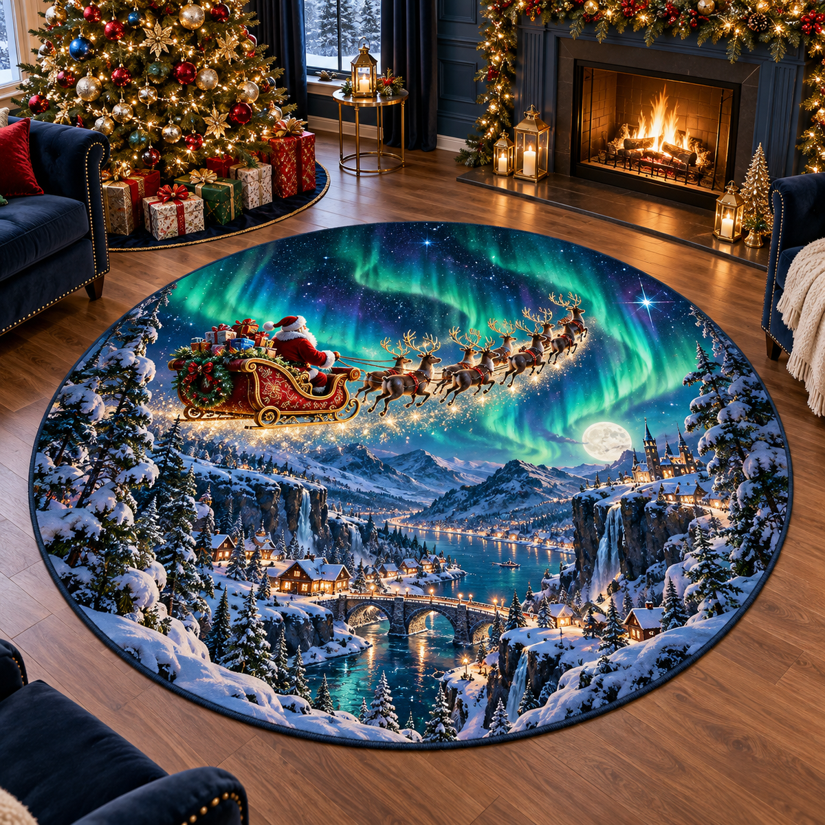Santa Sleigh Northern Lights Christmas Quilted Round Area Rug