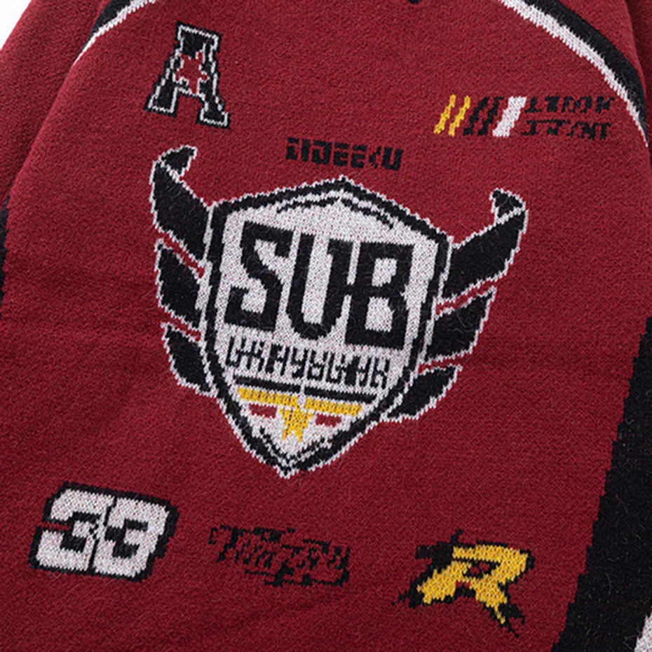 Champion’s Crest Knit Sweater – Vintage Racing-Inspired Pullover O-Neck Design