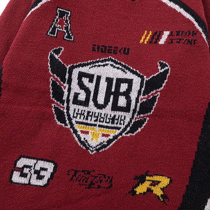 Champion’s Crest Knit Sweater – Vintage Racing-Inspired Pullover O-Neck Design