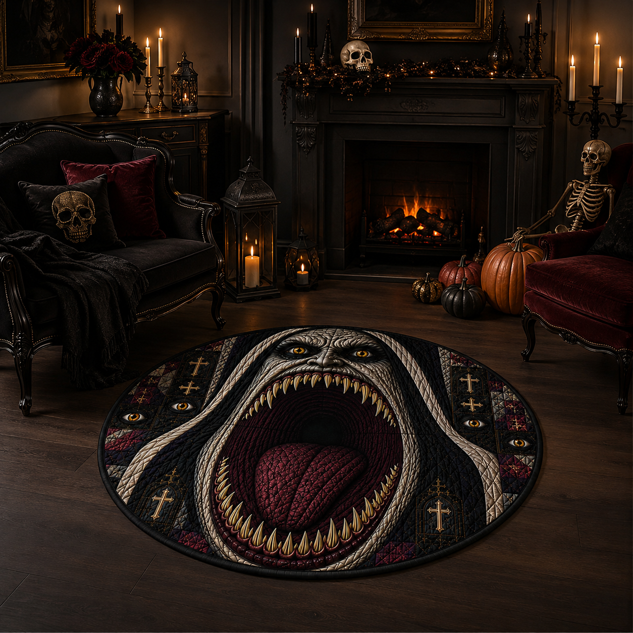 Scary Evil Nun Open Mouth Horror Halloween Quilt Round Rug