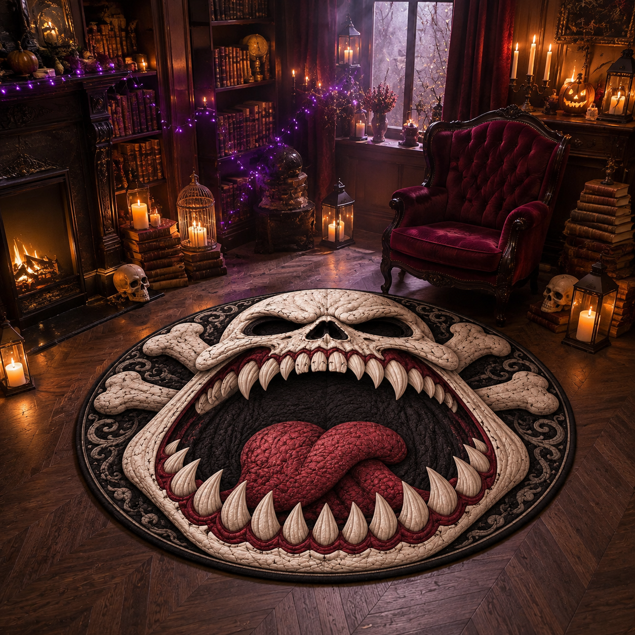 Scary Fanged Skull Open Mouth Halloween Quilt Round Rug