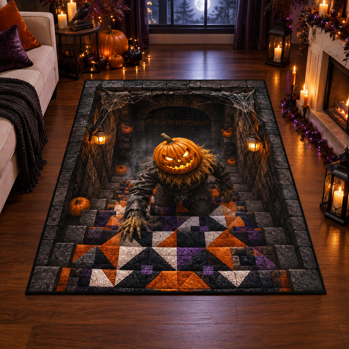 Scary Pumpkin Scarecrow Dungeon Halloween Area Rug