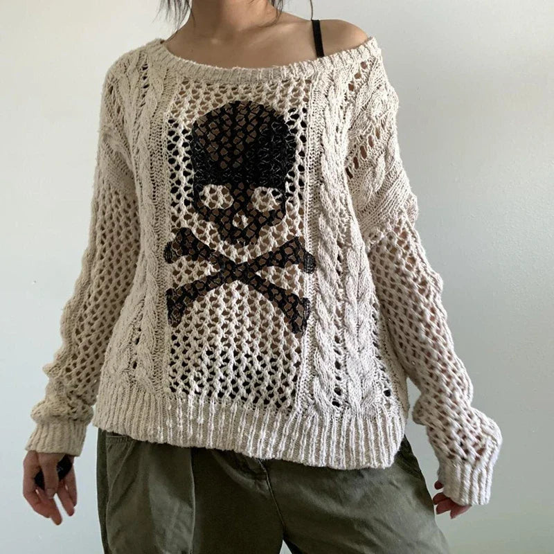 Y2K Skull Graphic Distressed Knit Sweater