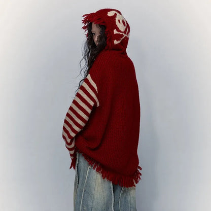 Y2K Fringed Skull Loose Sweater