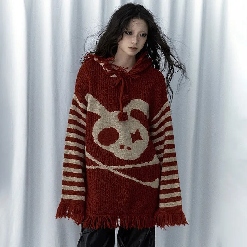 Y2K Fringed Skull Loose Sweater