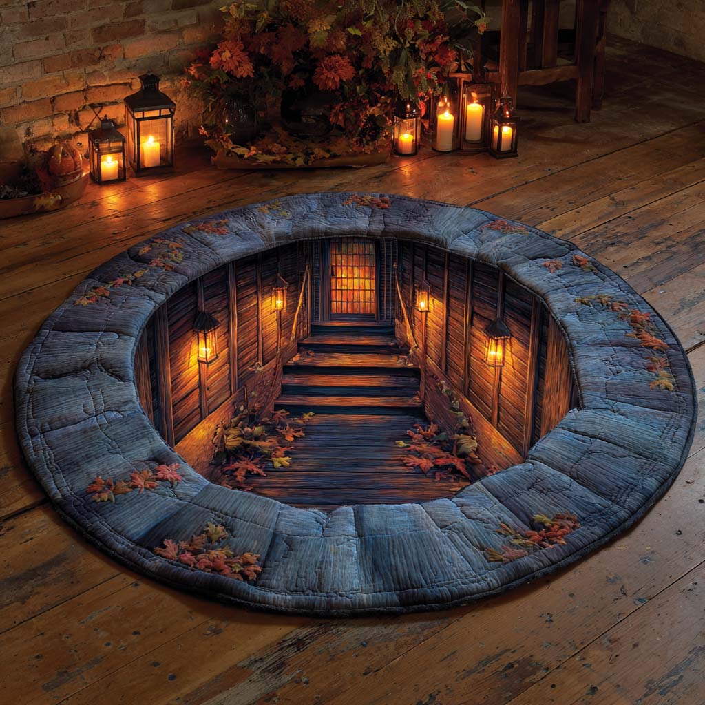 Secret Basement Stairs Halloween Quilted Round Rug