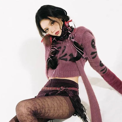 Y2K Skull Hooded Wrap Sweater