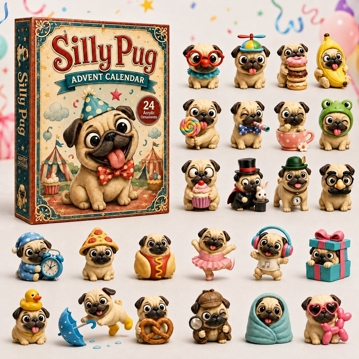 CHRISTMAS KICKOFF 40% OFF - Silly Pug Advent Calendar 2026 - 24-Day Festive Countdown, Acrylic Charms Blind Box - Gift For Dog Lovers