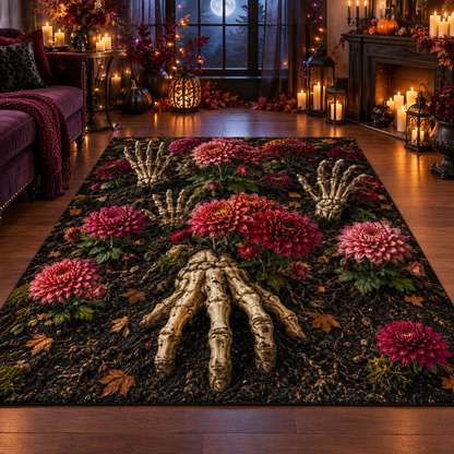 Skeletal Hand Floral Halloween Area Rug