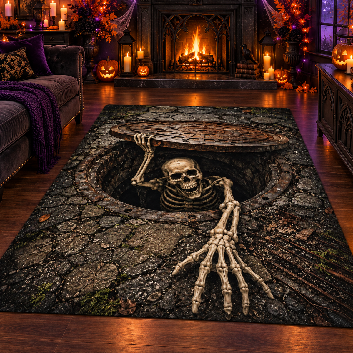Skeleton Emerging Manhole Cover Halloween Area Rug