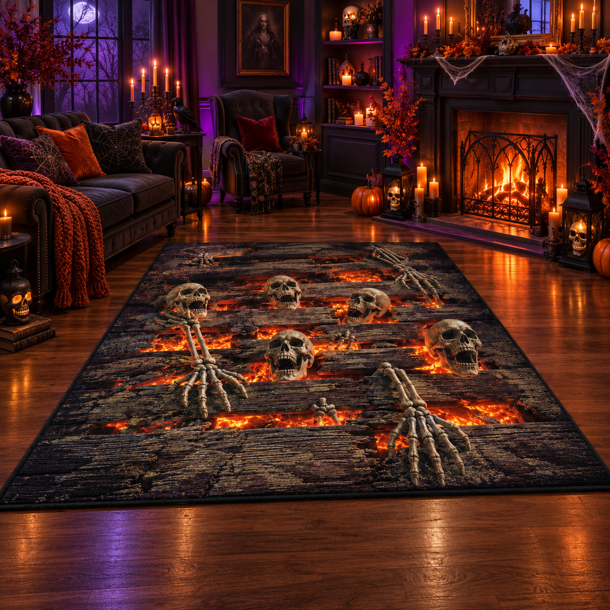 Skeleton Fire Grate Halloween Area Rug