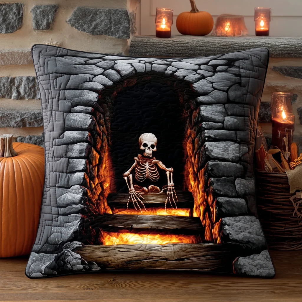 Skeleton Fireplace Halloween Quilted Pillow Case