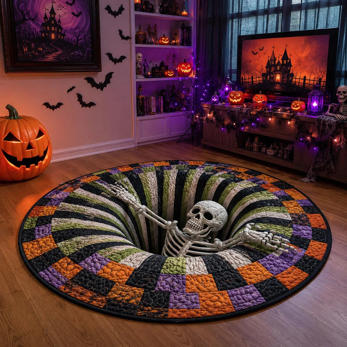 Skeleton Illusion Halloween Quilt Round Rug