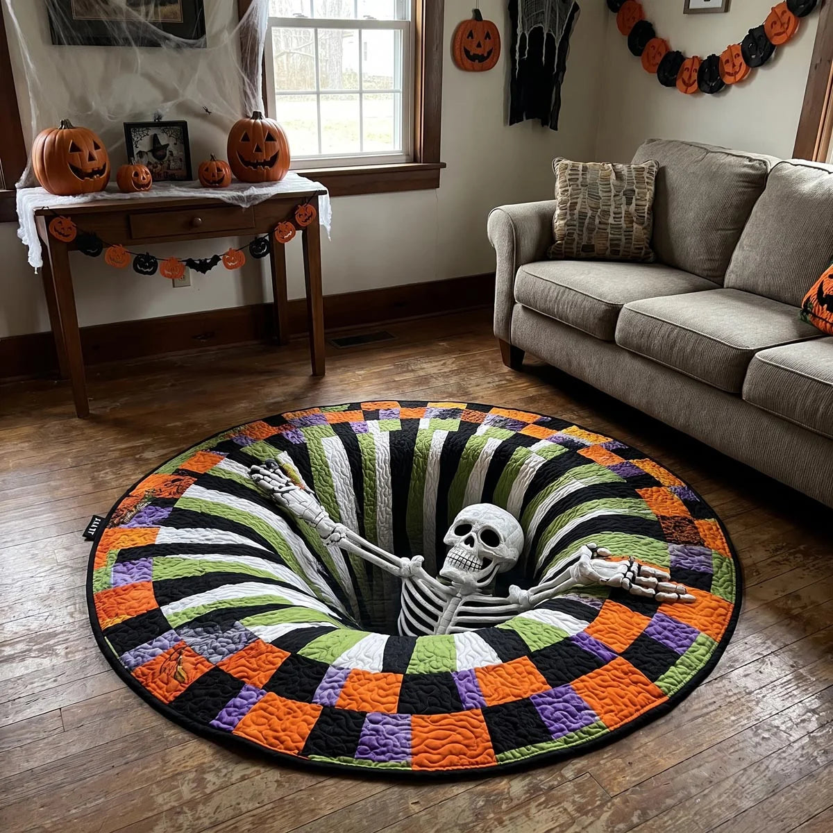 Skeleton Illusion Halloween Quilt Round Rug