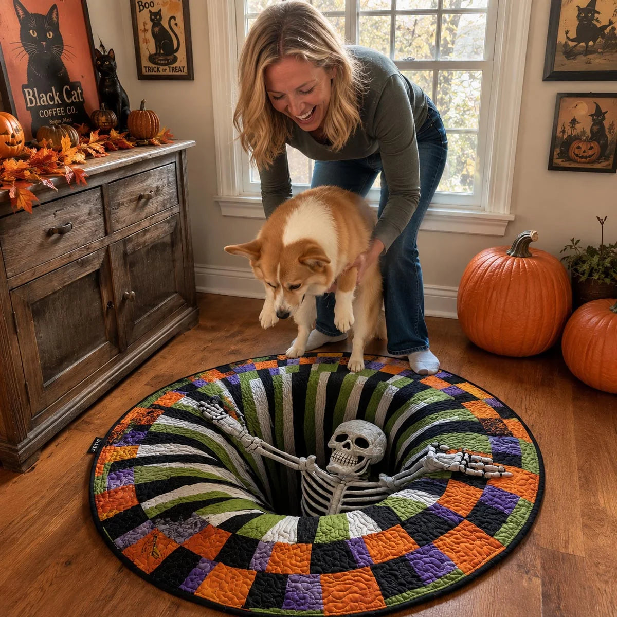 Skeleton Illusion Halloween Quilt Round Rug