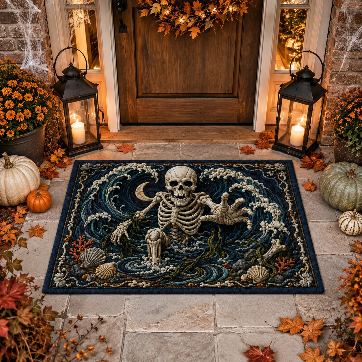 Skeleton Ocean Waves Welcome Halloween Gate Doormat