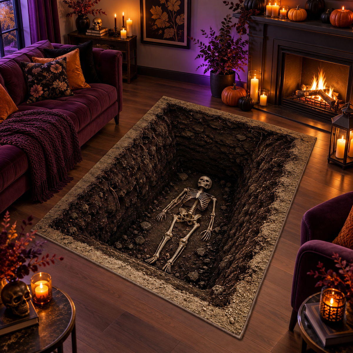 Skeleton Open Grave Halloween Area Rug