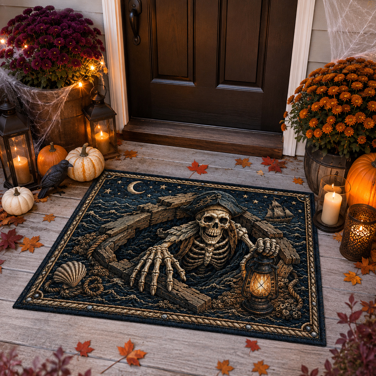 Skeleton Pirate Shipwreck Lantern Halloween Gate Doormat