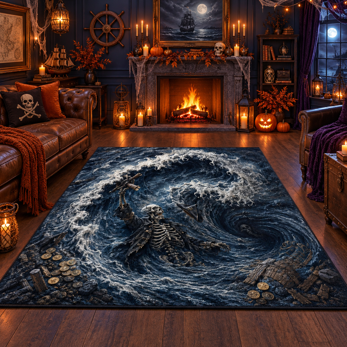 Skeleton Pirate Storm Ocean Halloween Area Rug